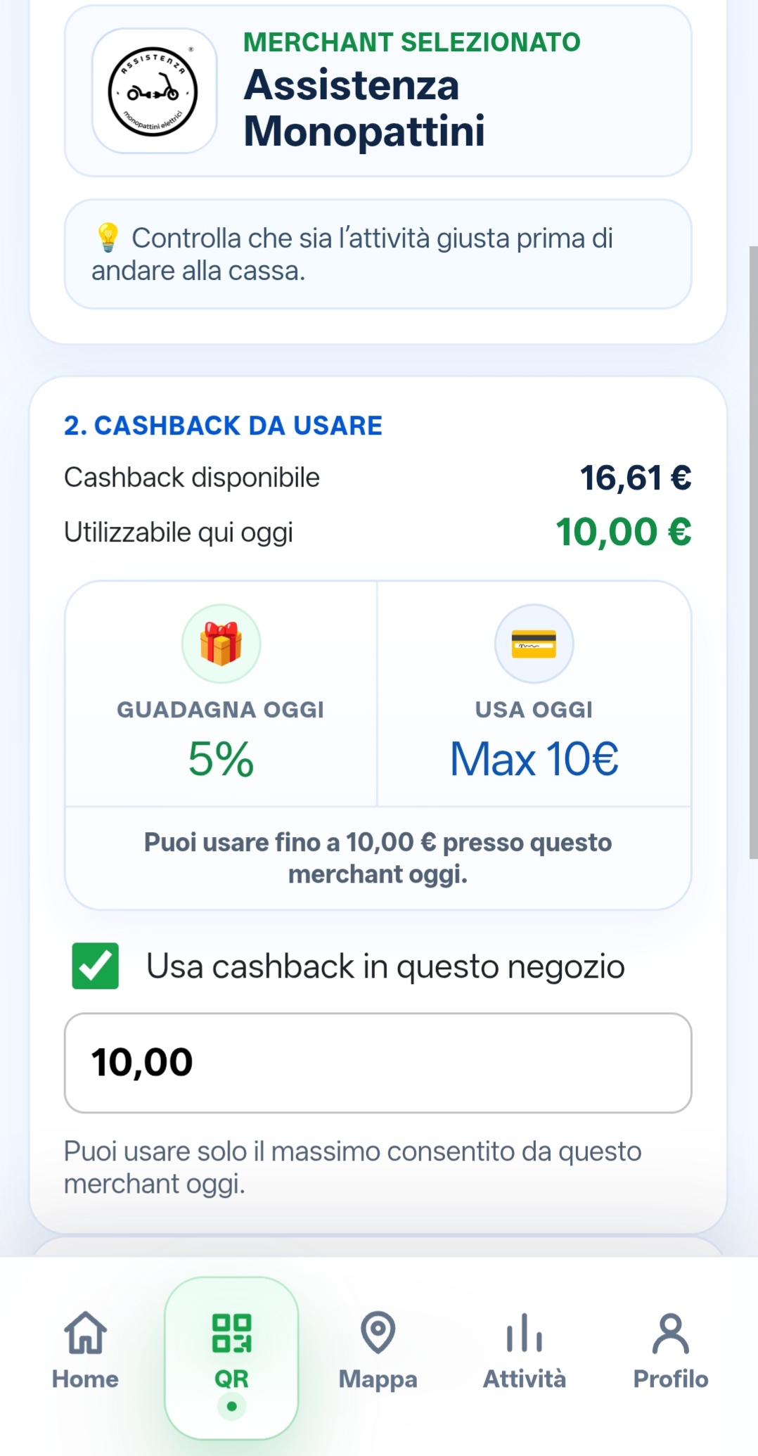 Schermata reale Youdillo del cashback giornaliero e utilizzabile