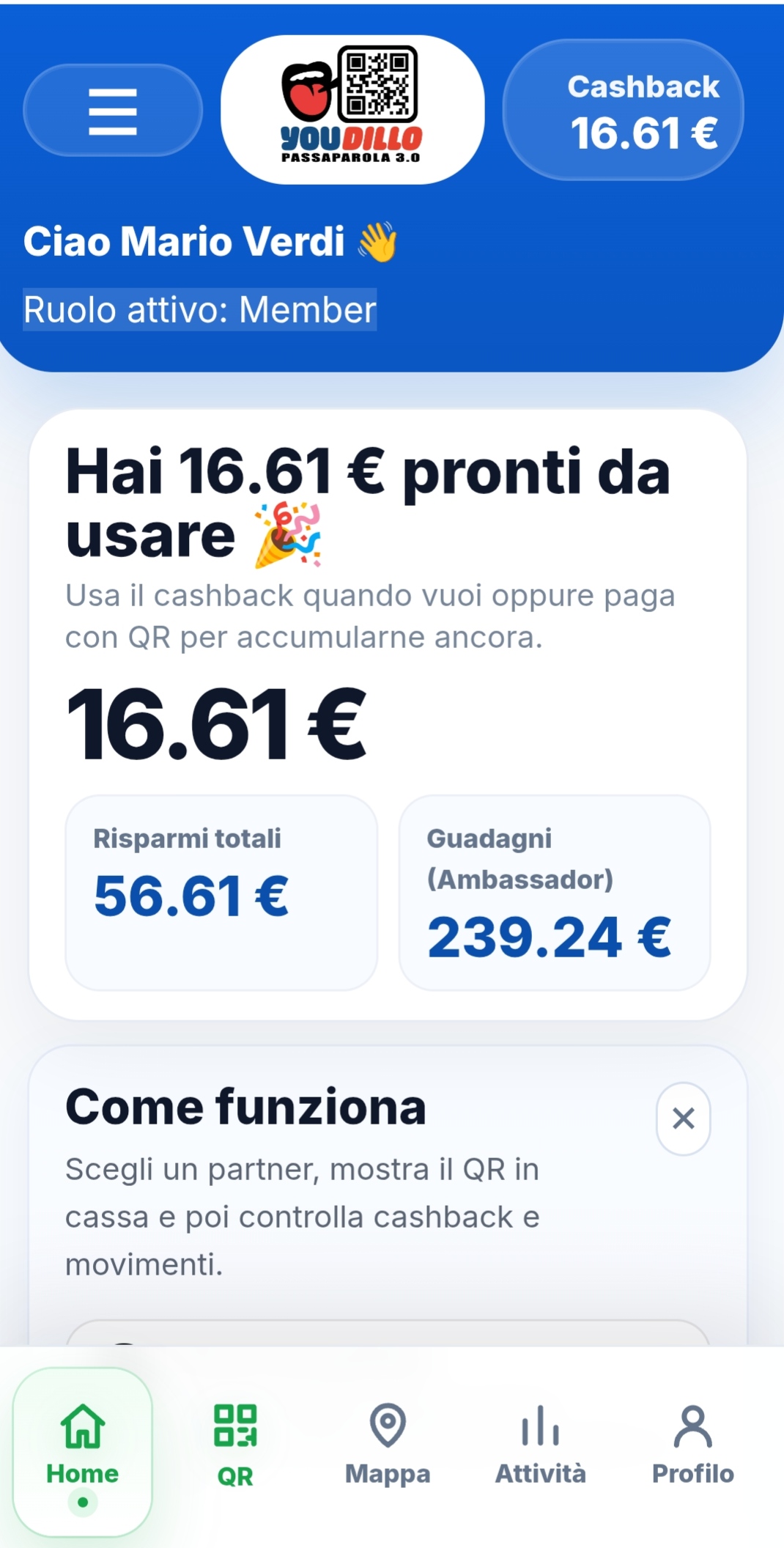 Schermata reale della dashboard Member Youdillo con saldo e funzioni disponibili