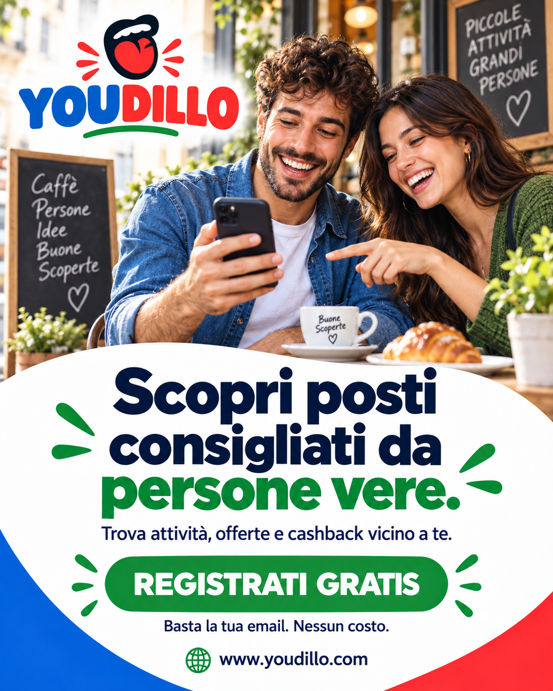 Due giovani che scoprono le attività e i vantaggi della community Youdillo sullo smartphone